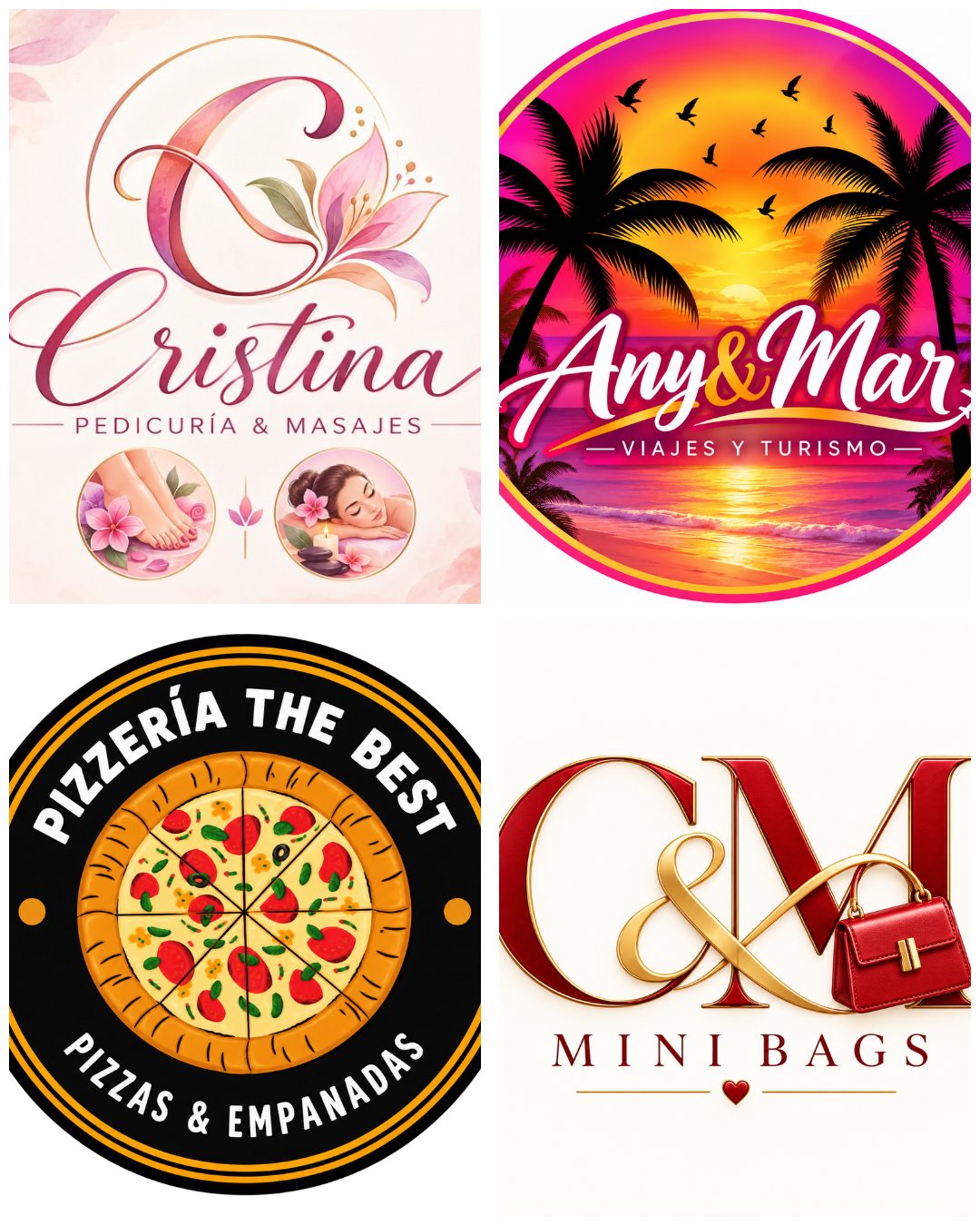 Ejemplos de logos e identidad visual: Cristina, Any&Mar, Pizzería The Best y C&M Mini Bags