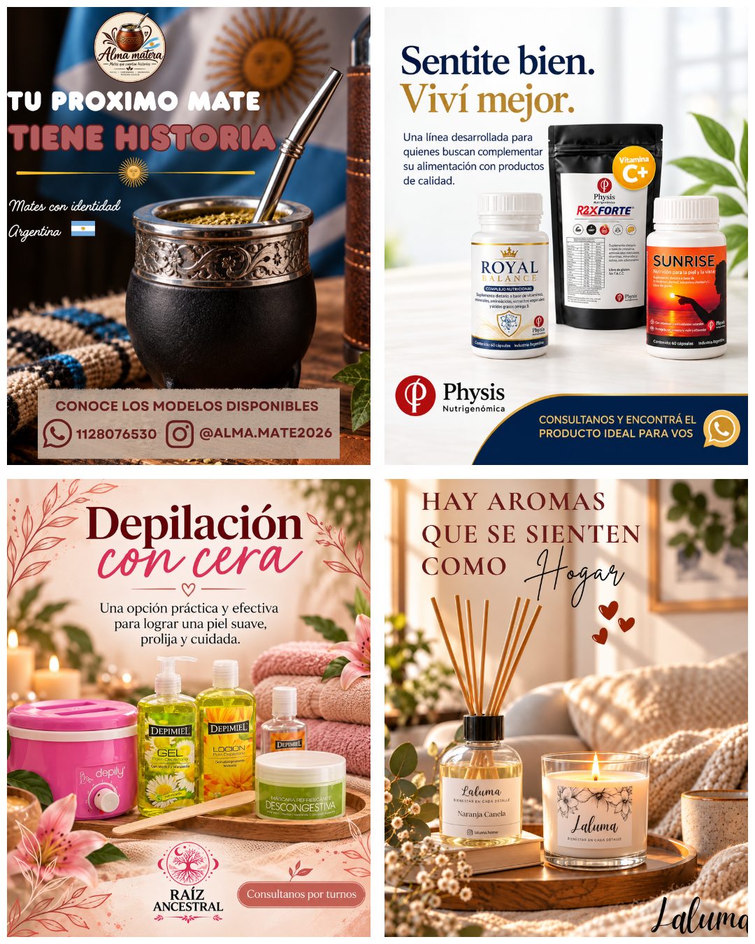 Ejemplos de diseños para redes sociales: gráficas para mates, suplementos, depilación y aromas